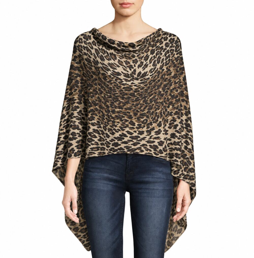 Minnie Rose Womens Ruana Poncho One Size Tan 100% Cashmere Leopard Print OSFM